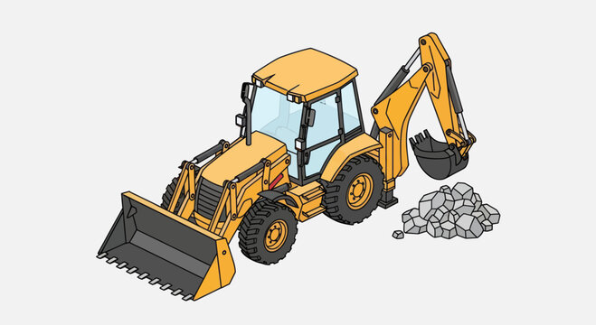 Isometric Backhoe Loader Digging Pile of Rocks Construction Vehicle.