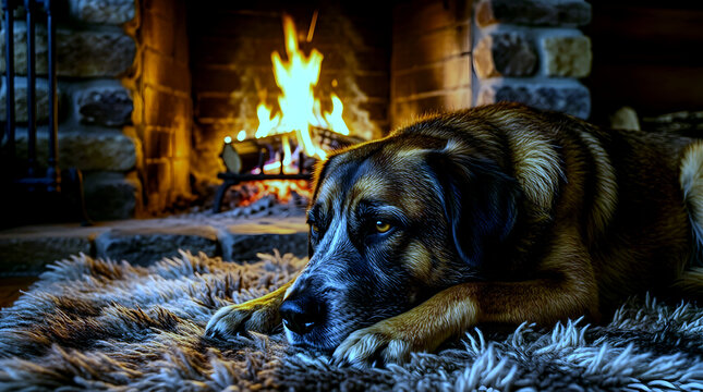 Senior dog with grey muzzle resting by cozy fireplace
