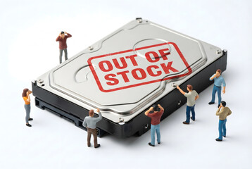 「在庫切れ」のスタンプが押されたハードディスクと困惑する人々
