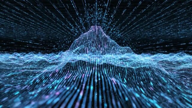 Abstract digital landscape with glowing blue and purple particles forming