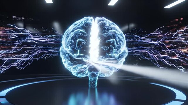 Futuristic Digital Brain Representing AI Technology - A vivid, digital representation of a human brain is surrounded by dynamic light trails, symbolizing the complexity and speed of artificial