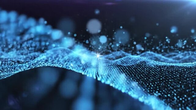 Abstract digital wave of glowing blue particles flowing on a dark background