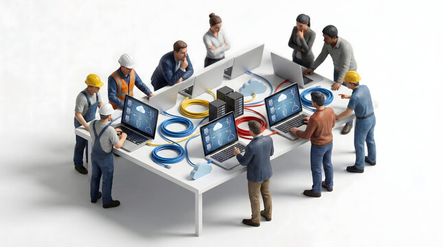 複雑なネットワーク配線とクラウド構成図を確認するIT技術者
