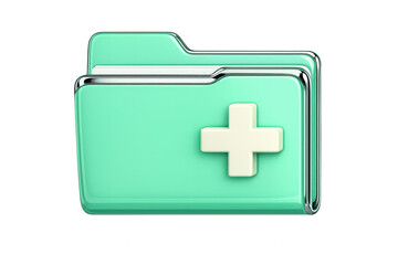 Obraz premium Green folder icon with a white plus sign representing medical health records and patient data. Transparent background