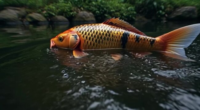 Vibrant orange and black koi fish with distinct scale patterns gracefully swims in a clear, tranquil pond, reflecting the natural beauty of its aquatic environment