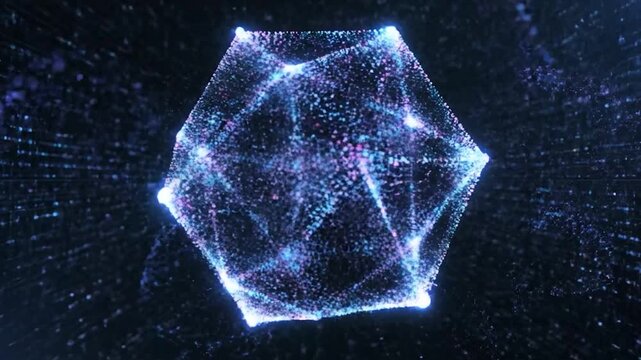 Abstract glowing hexagonal particle shape rotating in dark space
