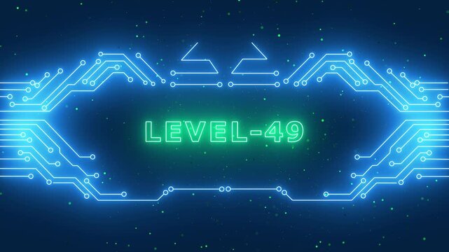 Blue Neon Circuit Board Background with Pink Glowing Level 49 Text, Futuristic Digital Cyberpunk Gaming Interface for Esporta and Tech.
