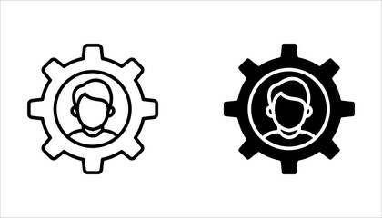 Set of account gear icons, vector symbols representing support staff roles, technical expertise, or user account settings. Illustrations on a white background.