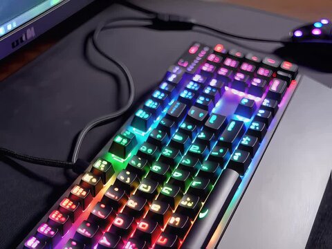 Colorful RGB gaming keyboard with backlighting and connected cables on a desk.