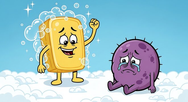 Happy cartoon soap character waving goodbye to a sad germ.