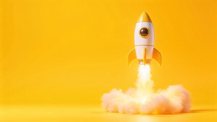 Obraz premium Cute rocket launching with smoke on bright yellow background,startup business growth and innovation success concept illustration