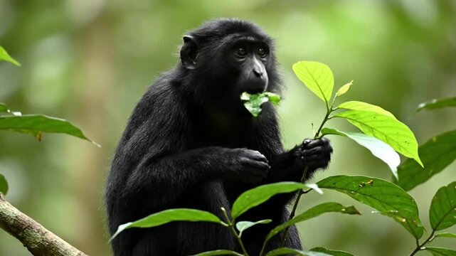 Close-up wildlife footage of a gorilla eating fresh green leaves in a tropical rainforest. Natural behavior of primates in lush jungle environment, symbolizing wildlife conservation and biodiversity.