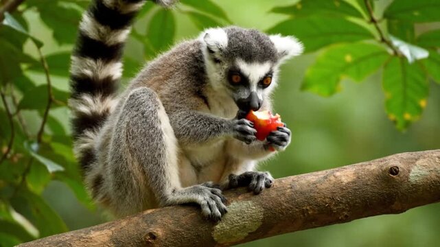 Close-up footage of a lemur holding and eating fruit, showing unique primate behavior and Madagascar wildlife.