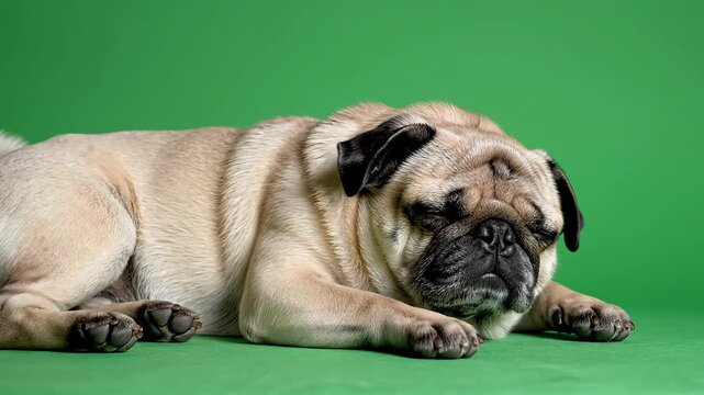 Adorable fawn colored pug dog with wrinkled face resting peacefully on a solid bright green studio background surface