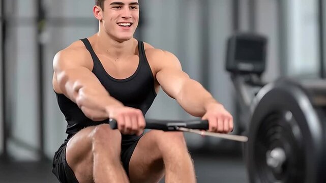 Man Exercising on Rowing Machine in Gym.