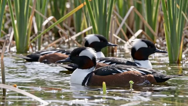 Beautiful close up of hooded merganser ducks swimming calmly in a tranquil wetland environment surrounded by tall reeds