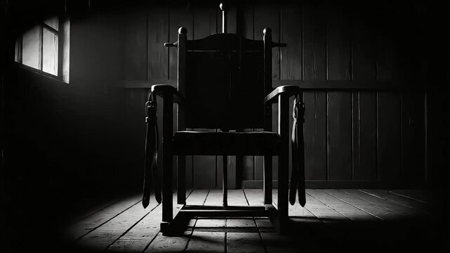 Dark and ominous electric chair in a dimly lit room, a symbol of capital punishment.