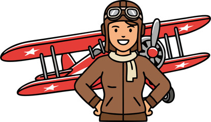 Flat Cartoon Female Aviator Pilot with Goggles and Vintage Red Biplane Illustration © Sugianto