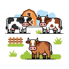 Fototapeta premium Colorful cartoon cows in a farm setting with a barn