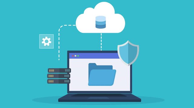 Flat vector animation showing cloud database and secure data backup with laptop, server storage, network connection, and cybersecurity protection concept.
