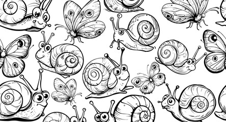 Illustration vector cute snail pattern, animal, cartoon, background, nature, design, wallpaper, character, seamless, mollusk, shell, garden, sweet, insect, baby, kid, doodle, art © STOCK VECTOR