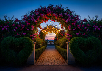 Romantic garden archway with lanterns and sunset view