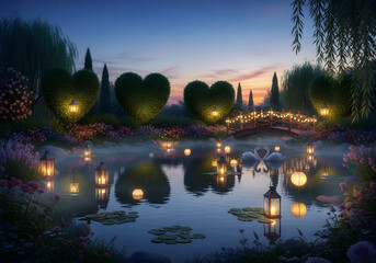Romantic garden at dusk with lantern lit pond and swans
