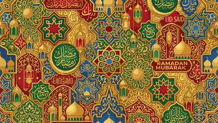 Islamic Geometric Patterns & Ramadan Mubarak Eid Greetings - Festive Background Design © Mucher
