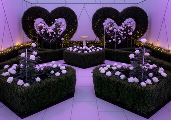Romantic garden scene with heart shaped topiary and white roses