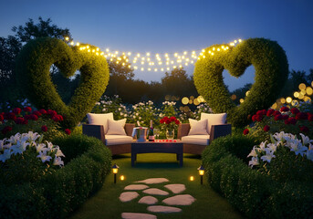 Romantic garden setting with heart shaped topiaries