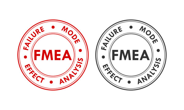FMEA process infographic logo featuring colorful icons for Failure, Mode, Effect, and Analysis with gears and magnifying glass. Professional vector for quality management.