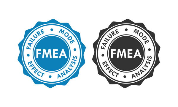 FMEA process infographic logo featuring colorful icons for Failure, Mode, Effect, and Analysis with gears and magnifying glass. Professional vector for quality management.