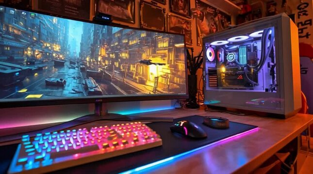 Gaming Room Setup with Futuristic City Display