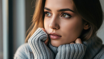Naklejka premium Introspective Gaze: A captivating woman gazes pensively out of a window, wrapped in a cozy sweater, her eyes reflecting a depth of thought and emotion.