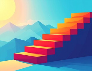 Fototapeta premium Ascending Staircase Leading Towards a Bright Horizon Amidst Majestic Mountains