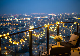 Rooftop city view with string lights and cozy seating