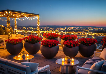 Rooftop terrace with string lights and evening skyline