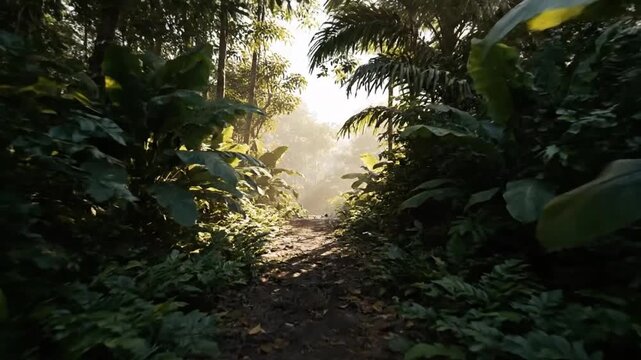 Sunlit Path Winding Through Dense Tropical Jungle Foliage, A Serene Nature Walk View b roll for advertising and news