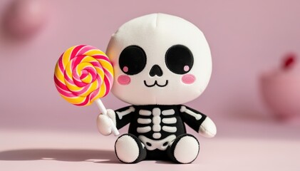 Cute Skeleton with Candy: A charming and cuddly skeleton plush toy, complete with endearing features, playfully holds a colorful lollipop against a soft pastel backdrop. 