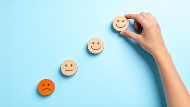 Customer satisfaction improvement concept with wooden smiley faces,service quality rating,positive feedback evaluation and experience management strategy