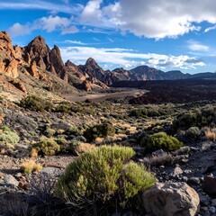 A desert landscape with rocky mountains and shrubs
