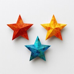 Obraz premium Three textured stars, red, yellow, and blue, arranged in a triangle