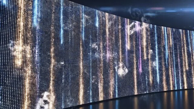 Abstract Digital Display with Streaming Light Effects - A curved digital wall displays vibrant blue and white streaming light patterns, creating an immersive and futuristic visual experience.
