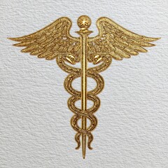 Ornate golden caduceus with detailed wings and serpentine staff