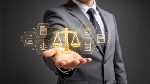 Businessman presenting digital scales of justice hologram,legal technology concept with contract documents and compliance management in corporate environment