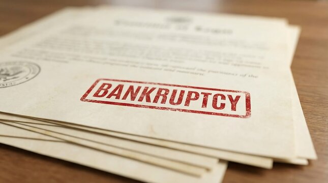 Close-up of documents stamped with bankruptcy on a wooden table