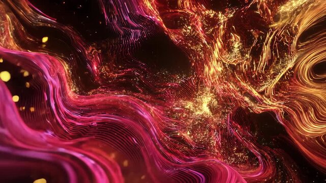 Abstract flowing waves in shades of pink, orange, and gold, with glowing dots and dark void