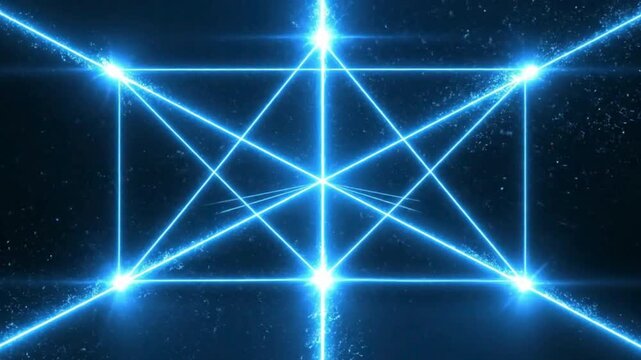 Abstract geometric pattern of glowing blue light beams forming a star and rectangle on a dark background, representing technology or energy.