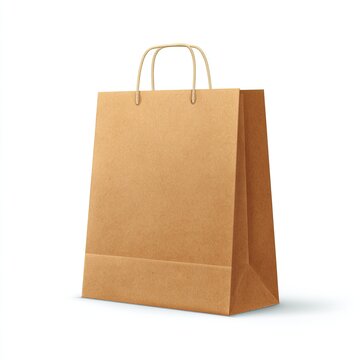 Plain brown paper shopping bag with string handles on white background
