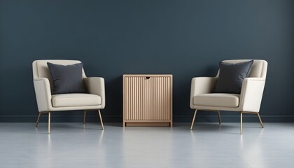 Fototapeta premium Two white chairs with black pillows are placed on either side of a wooden table against a dark blue wall in a room.